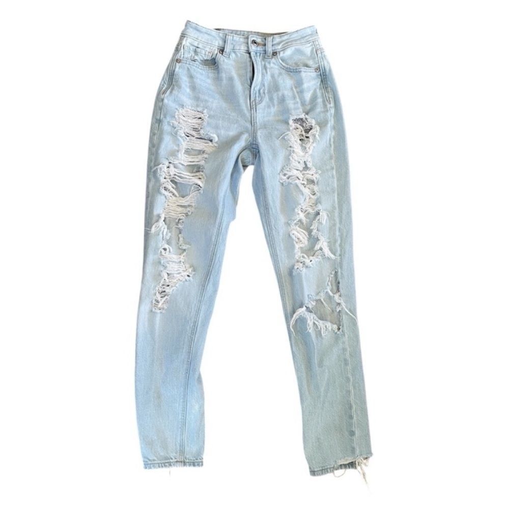 American Eagle Straight Mom Jeans 00 Light Blue High Rise Grunge Emo‎ Y2K Denim - Picture 9 of 12